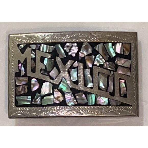 Vintage Mexico Belt Buckle with Mother of Pearl - Picture 2 of 8
